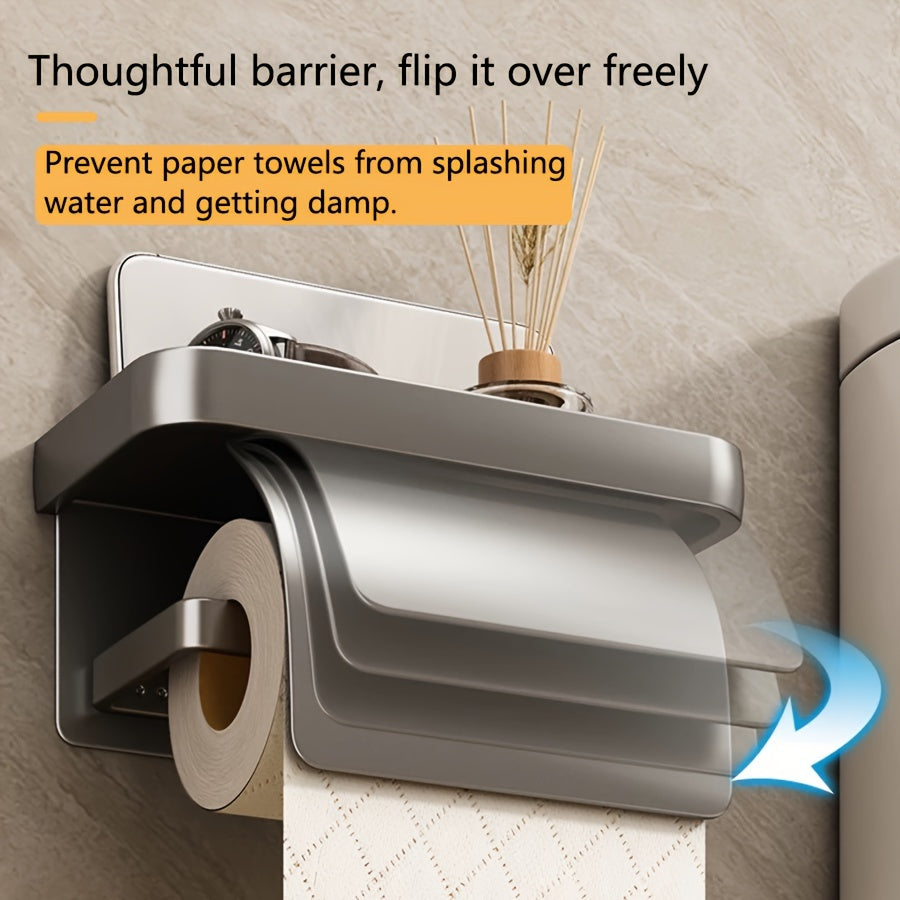 Space Aluminum No-Drill Tissue Holder – Waterproof Wall-Mounted Roll Paper Rack (Polished Finish)