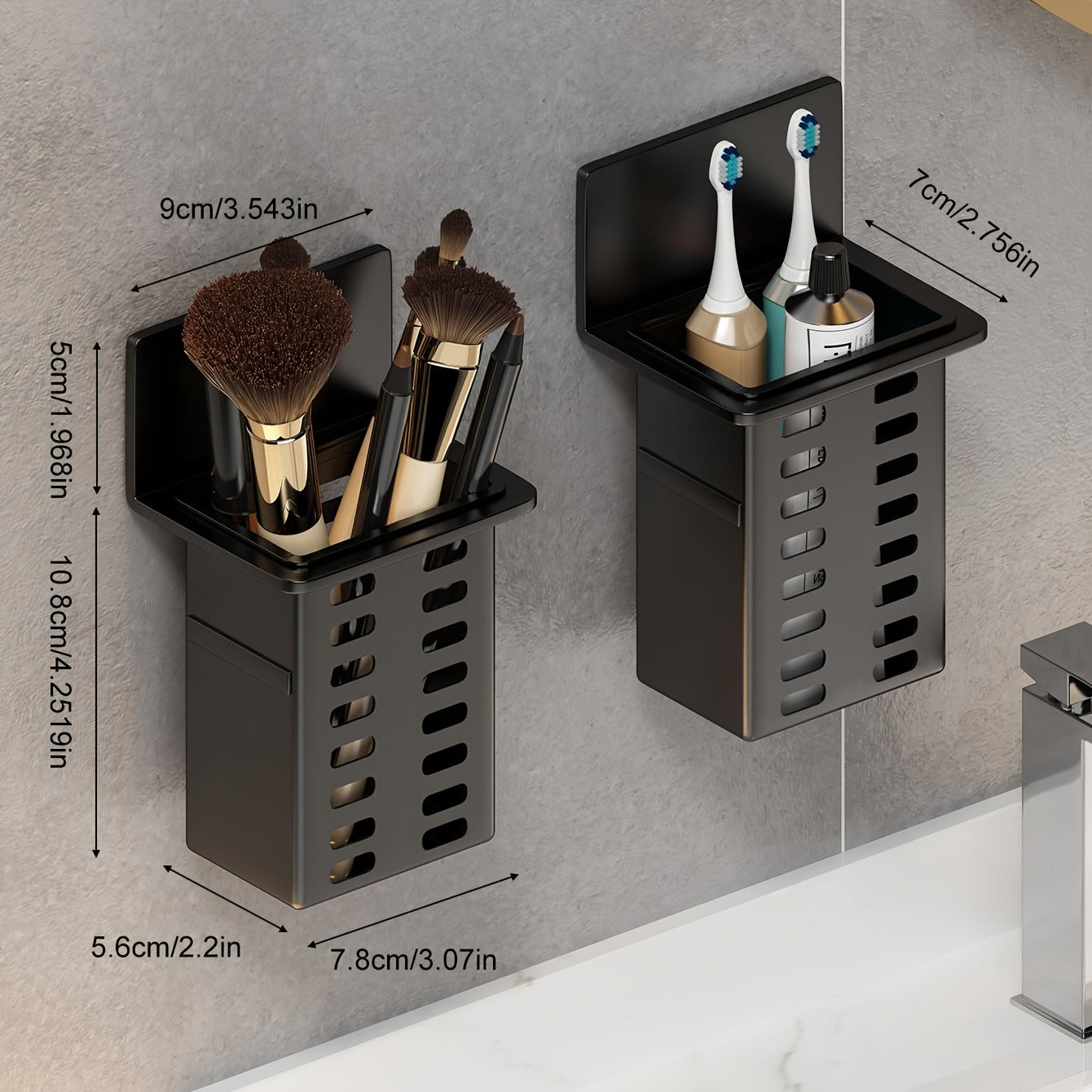 No-Drill Black Wall-Mounted Bathroom Organizer – Mold-Resistant Plastic Storage Basket
