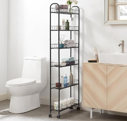6-Tier Slim Storage Shelf on Wheels – Rolling Organizer Rack for Tight Spaces