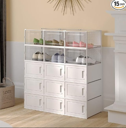 15-Pack Foldable Shoe Storage Boxes โ Stackable Clear Organizer Bins with Drawers