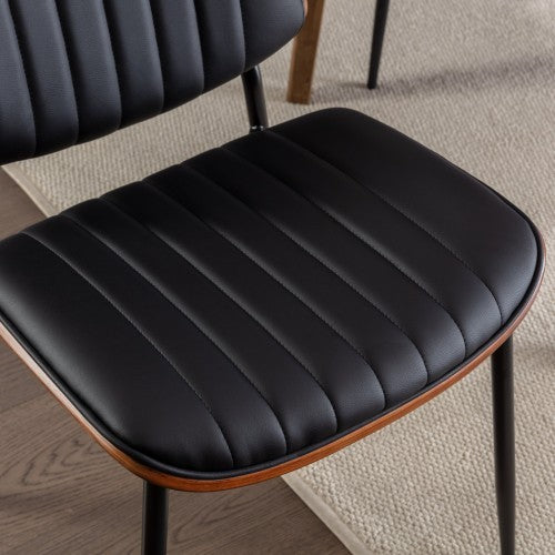 Mid-Century Modern Dining Chairs (Set of 2) – Black Faux Leather with Walnut Bentwood Back & Metal Legs