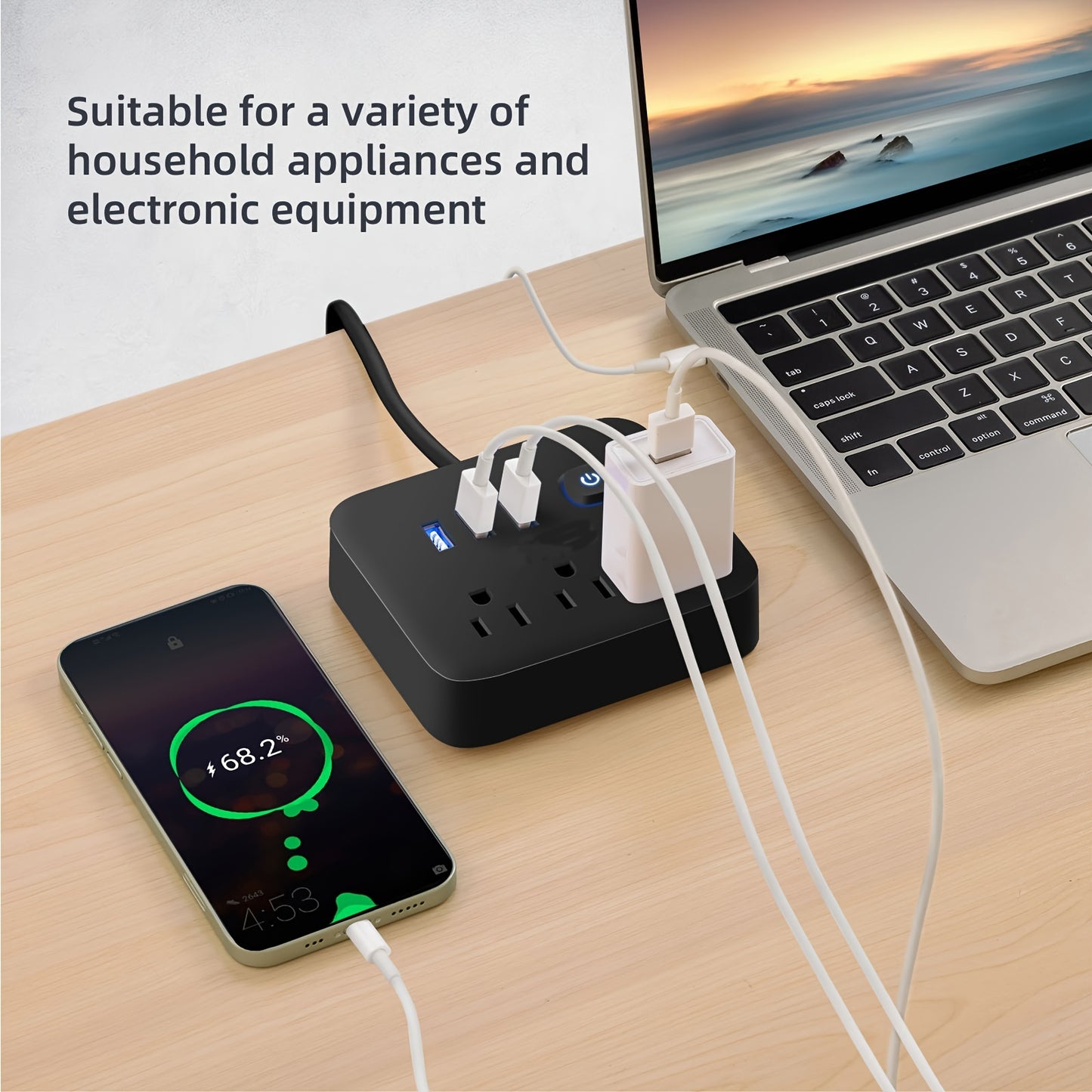 Touch-Controlled Power Strip Surge Protector – 3 AC Outlets, 3 USB Ports, Flat Plug, Overload Protection, Compact Charging Station for Home, Office & Travel (Black or White)