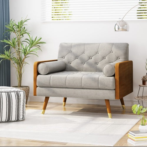 Mid-Century Modern Beige Club Chair with Tufted Upholstery & Gold-Tipped Legs