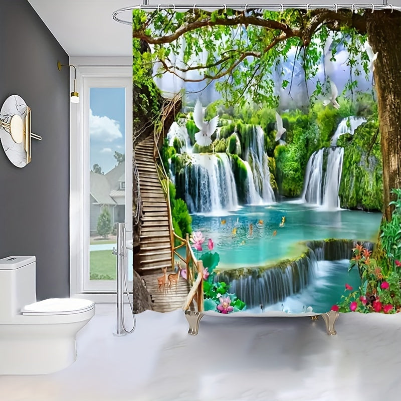 4-Piece Forest Waterfall Shower Curtain Set – Nature-Inspired Bathroom Decor with Non-Slip Mats & Lid Cover
