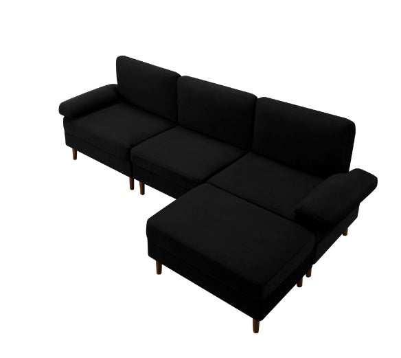 Modular Sectional Sofa – Velvet Upholstery with Movable Ottoman, Black