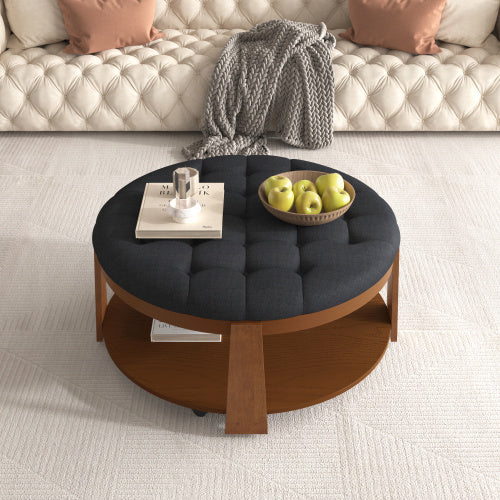 Modern 2-Tier Round Ottoman Coffee Table – Button Tufted, Mobile & Stylish