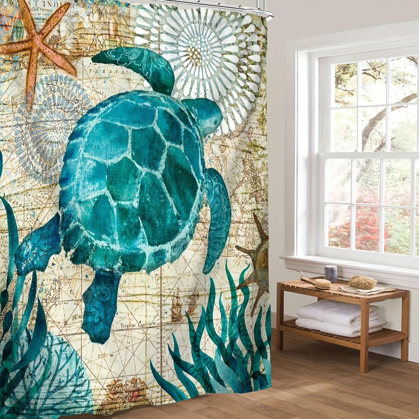 4-Piece Ocean-Inspired Shower Curtain Set – Turtle & Seaweed Design with Mats, Toilet Cover & Hooks