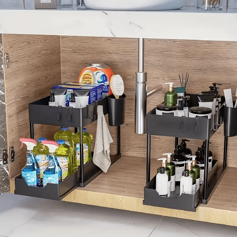 Under Sink Storage Organizer – 2-Tier Sliding Drawer Cabinet Organizer with Hooks, Storage Cup & Accessories for Bathroom or Kitchen – Space-Saving & Easy to Clean