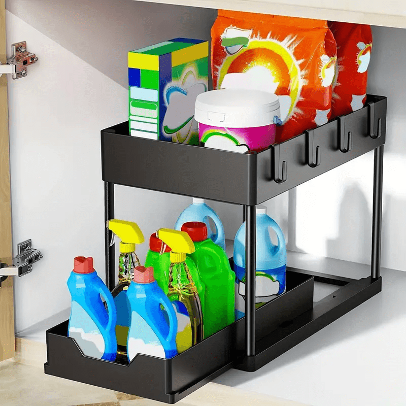 Under Sink Storage Organizer – 2-Tier Sliding Drawer Cabinet Organizer with Hooks, Storage Cup & Accessories for Bathroom or Kitchen – Space-Saving & Easy to Clean