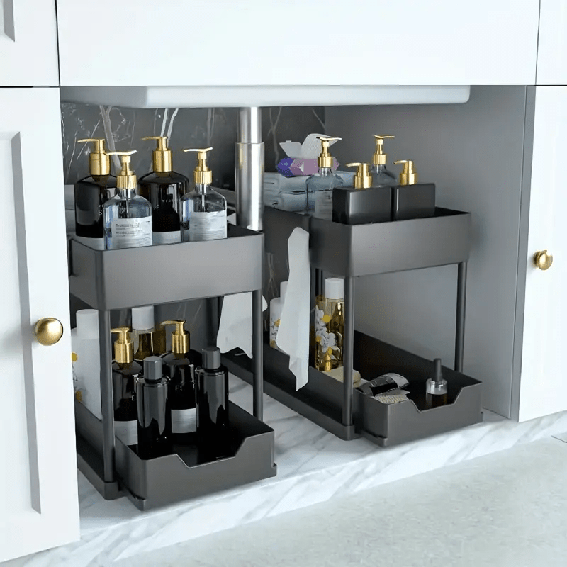 Under Sink Storage Organizer – 2-Tier Sliding Drawer Cabinet Organizer with Hooks, Storage Cup & Accessories for Bathroom or Kitchen – Space-Saving & Easy to Clean