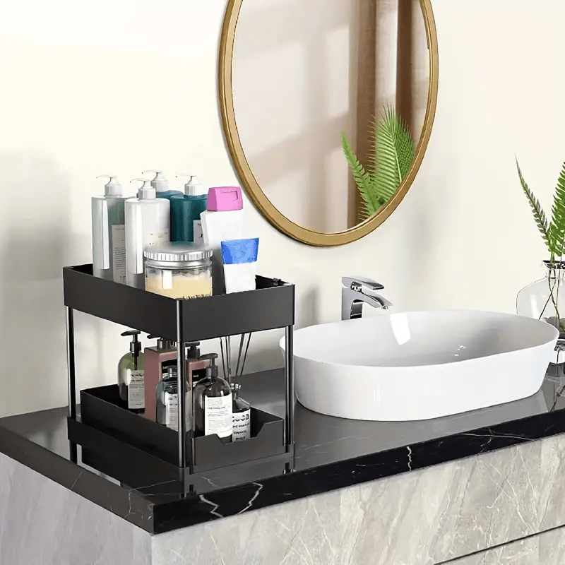 Under Sink Storage Organizer – 2-Tier Sliding Drawer Cabinet Organizer with Hooks, Storage Cup & Accessories for Bathroom or Kitchen – Space-Saving & Easy to Clean