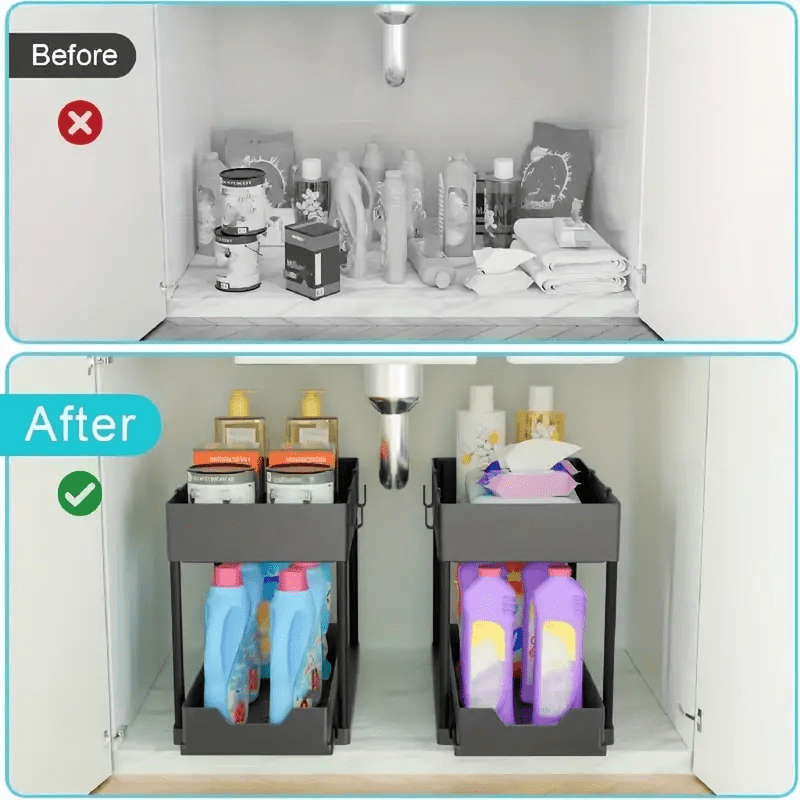 Under Sink Storage Organizer – 2-Tier Sliding Drawer Cabinet Organizer with Hooks, Storage Cup & Accessories for Bathroom or Kitchen – Space-Saving & Easy to Clean