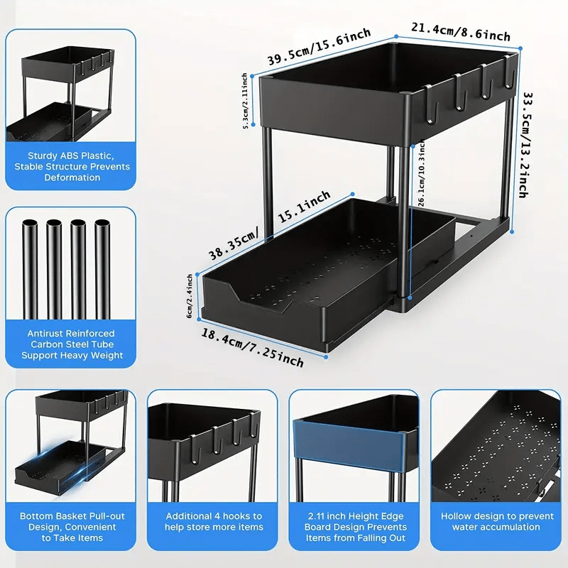 Under Sink Storage Organizer – 2-Tier Sliding Drawer Cabinet Organizer with Hooks, Storage Cup & Accessories for Bathroom or Kitchen – Space-Saving & Easy to Clean