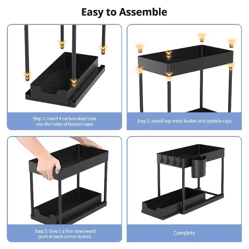 Under Sink Storage Organizer – 2-Tier Sliding Drawer Cabinet Organizer with Hooks, Storage Cup & Accessories for Bathroom or Kitchen – Space-Saving & Easy to Clean