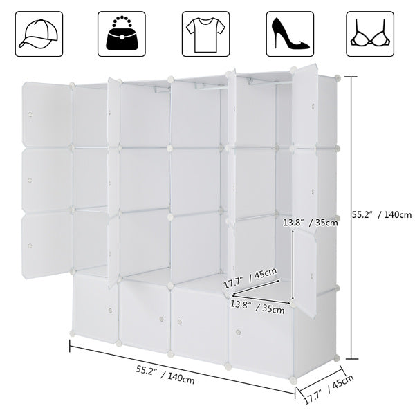4-Tier 16-Cube Wardrobe Organizer – Modular Storage Cabinet with Grid Design for Clothes, Shoes, and Accessories