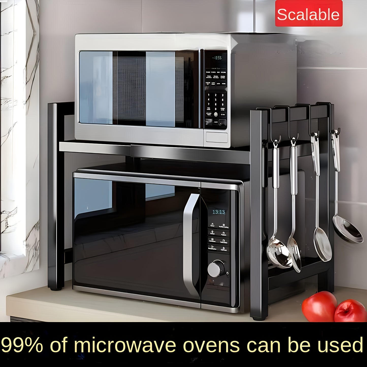 Expandable Carbon Steel Microwave Oven Rack with 6 Hooks – Countertop Kitchen Organizer for Utensils & Tableware