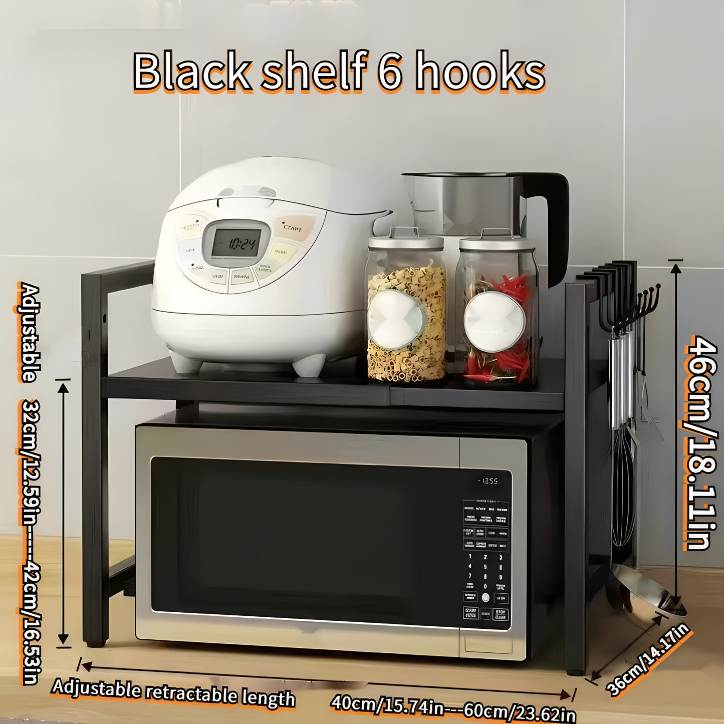 Expandable Carbon Steel Microwave Oven Rack with 6 Hooks – Countertop Kitchen Organizer for Utensils & Tableware