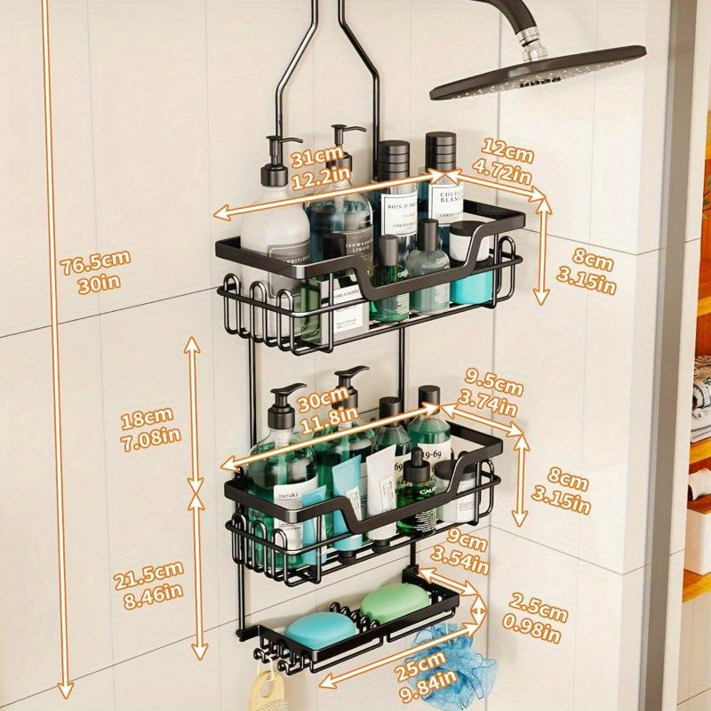 3-Tier Rustproof Shower Caddy – Large Capacity Hanging Organizer with 16 Hooks & Dual Soap Holder