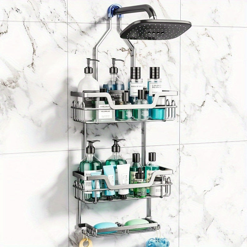3-Tier Rustproof Shower Caddy – Large Capacity Hanging Organizer with 16 Hooks & Dual Soap Holder