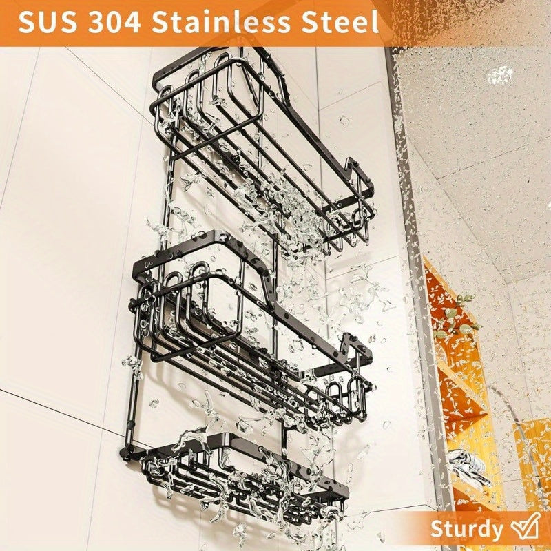 3-Tier Rustproof Shower Caddy – Large Capacity Hanging Organizer with 16 Hooks & Dual Soap Holder