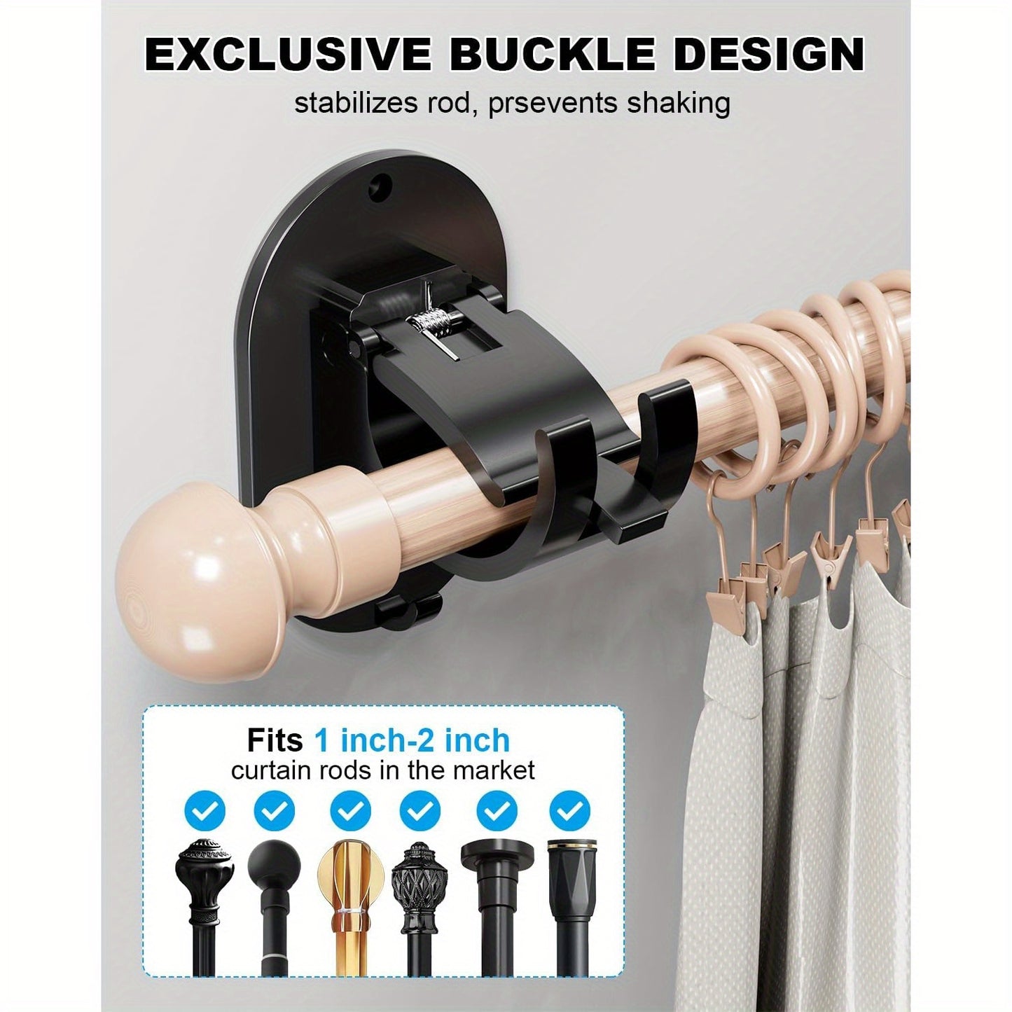 No-Drill Curtain Rod Brackets – Self-Adhesive & Adjustable Hooks | 4/6/8 Piece, Black, Easy Installation