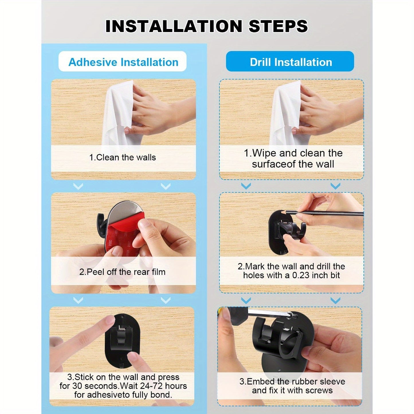 No-Drill Curtain Rod Brackets – Self-Adhesive & Adjustable Hooks | 4/6/8 Piece, Black, Easy Installation