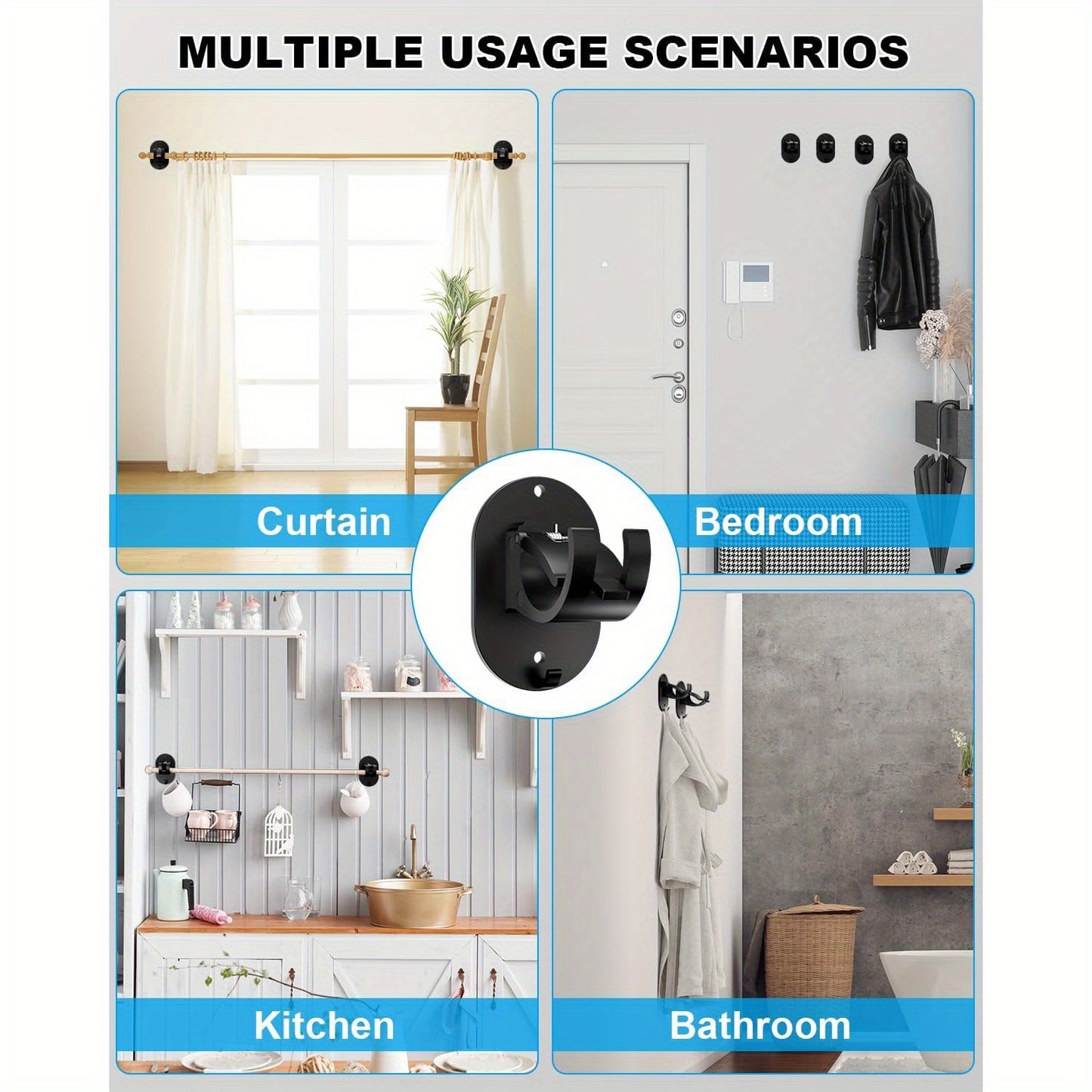 No-Drill Curtain Rod Brackets – Self-Adhesive & Adjustable Hooks | 4/6/8 Piece, Black, Easy Installation