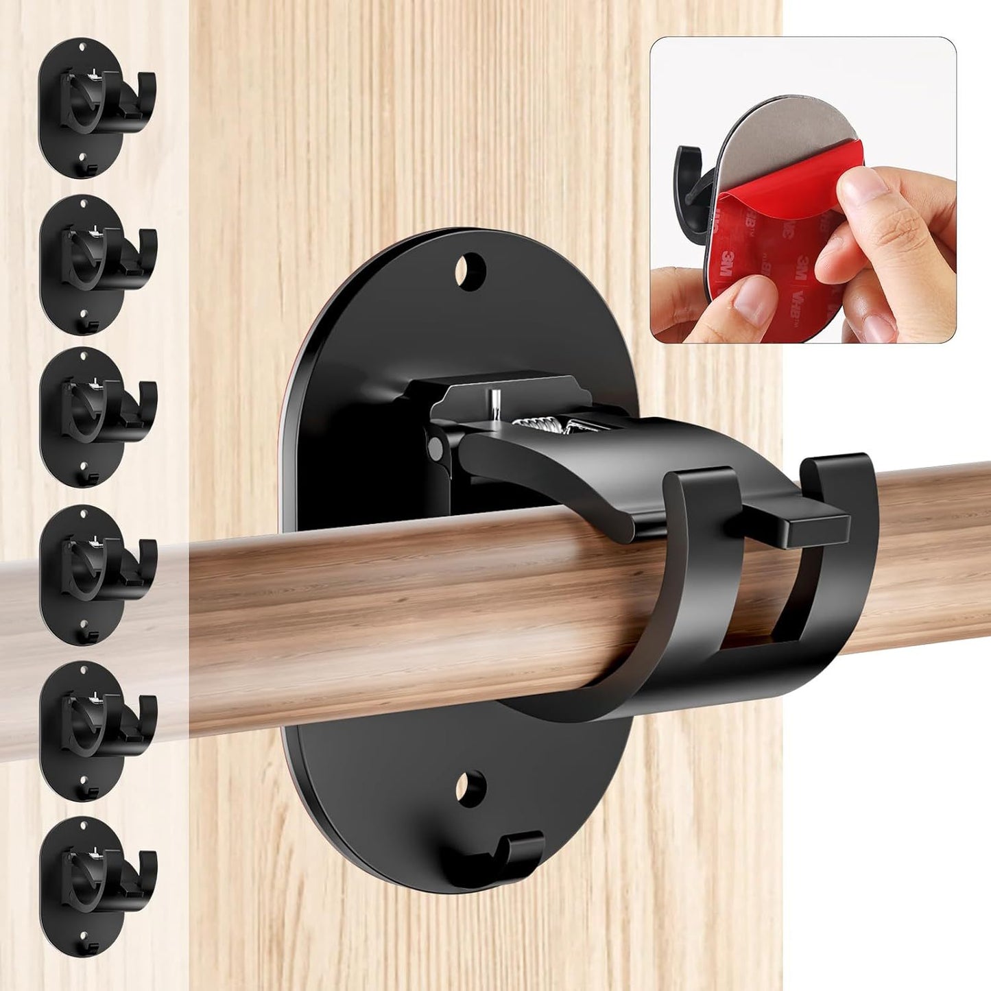 No-Drill Curtain Rod Brackets – Self-Adhesive & Adjustable Hooks | 4/6/8 Piece, Black, Easy Installation