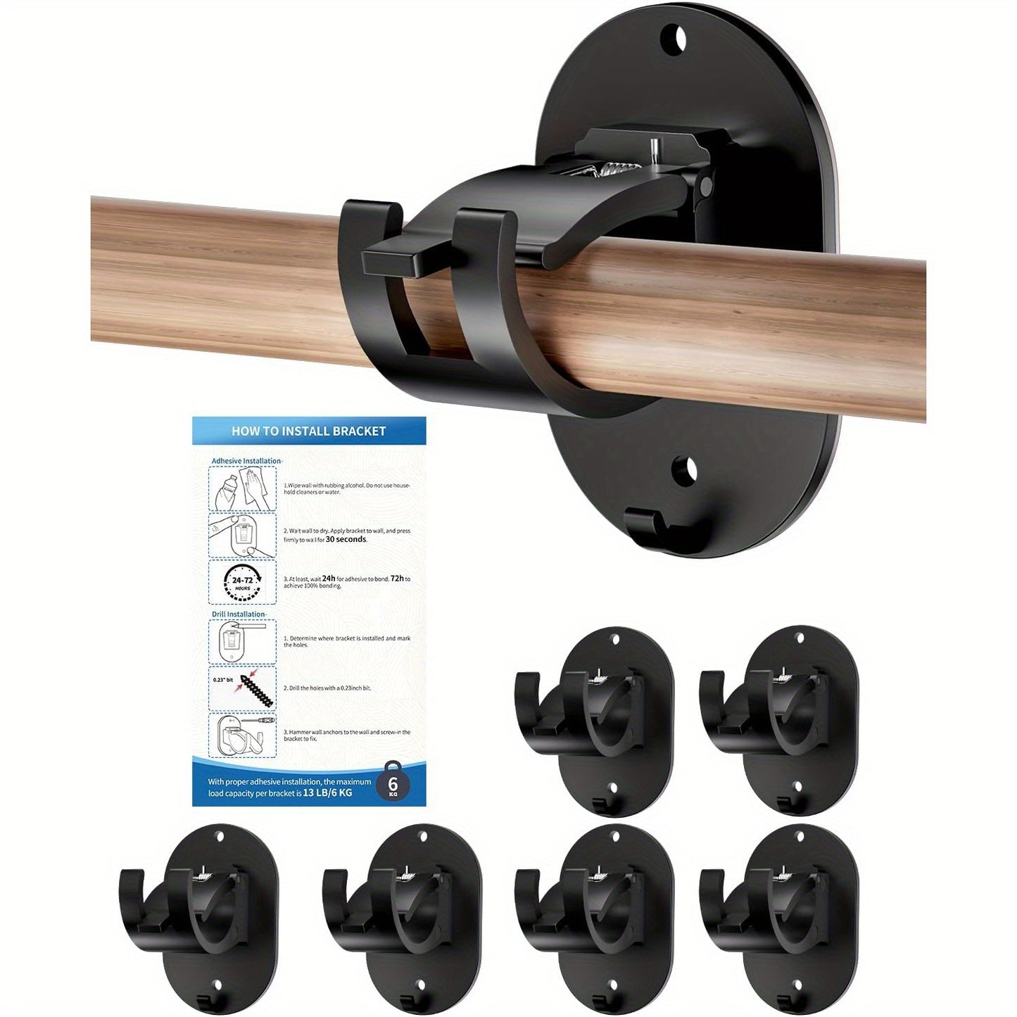 No-Drill Curtain Rod Brackets – Self-Adhesive & Adjustable Hooks | 4/6/8 Piece, Black, Easy Installation
