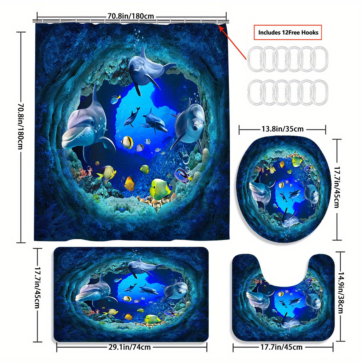 4-Piece Submarine World Shower Curtain Set – Ocean Theme with Toilet Mat, Lid Cover & Rug