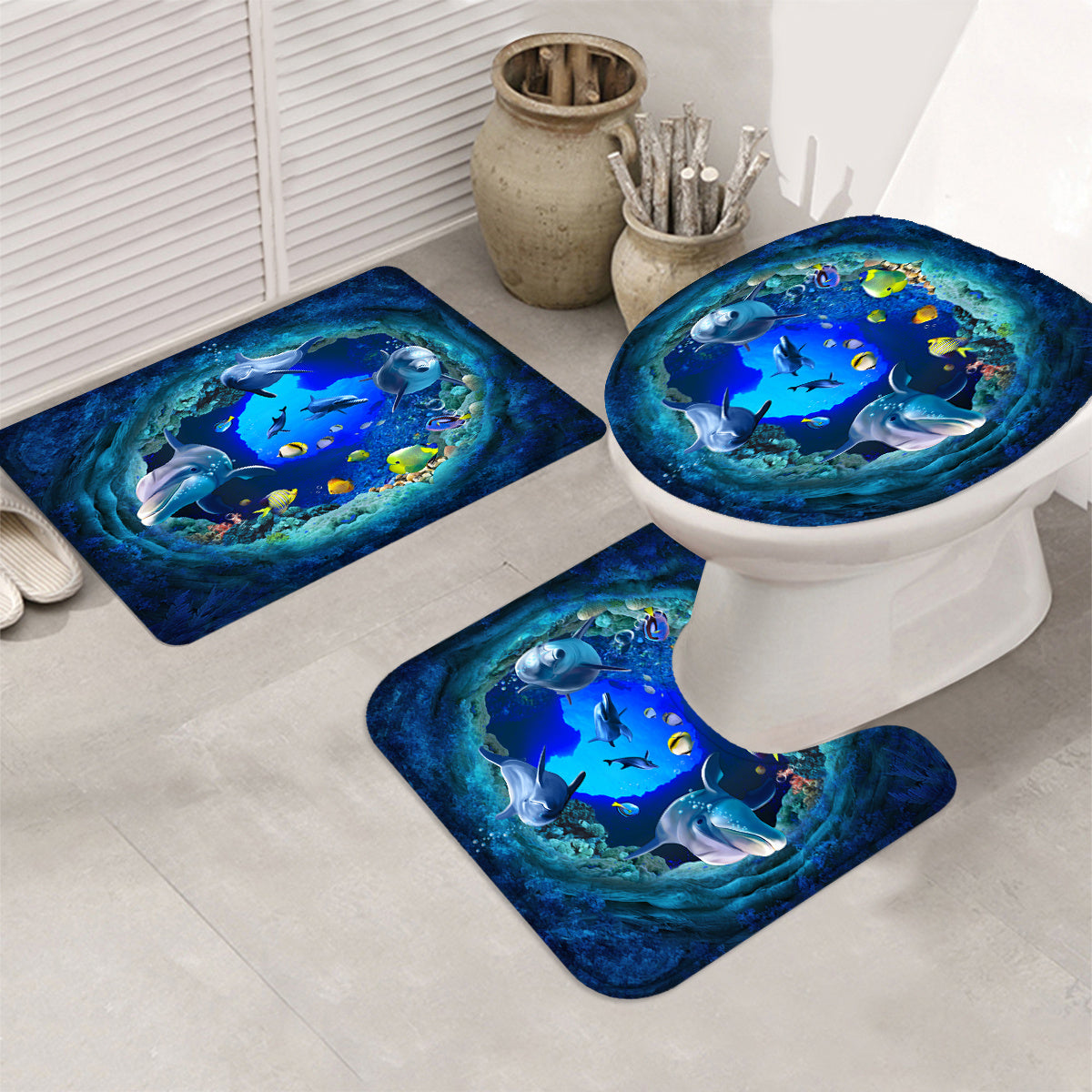 4-Piece Submarine World Shower Curtain Set – Ocean Theme with Toilet Mat, Lid Cover & Rug