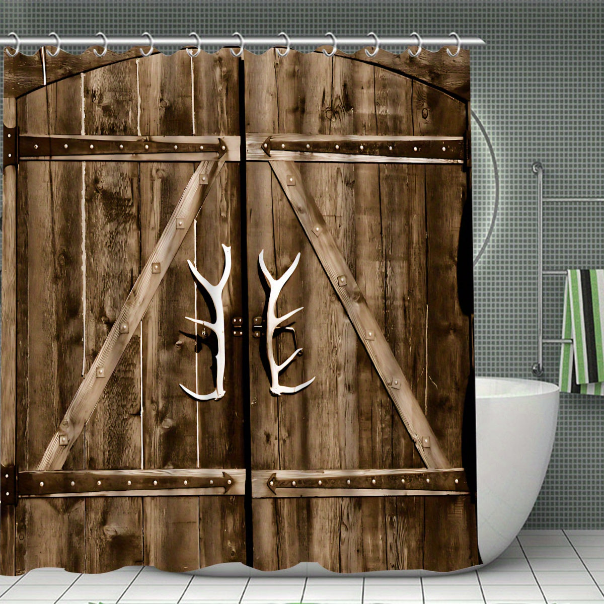 4-Piece Rustic Antler Shower Curtain Set – Wooden Door Design with Toilet Mat, Lid Cover & Rug