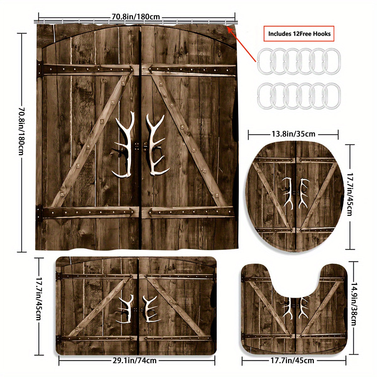 4-Piece Rustic Antler Shower Curtain Set – Wooden Door Design with Toilet Mat, Lid Cover & Rug