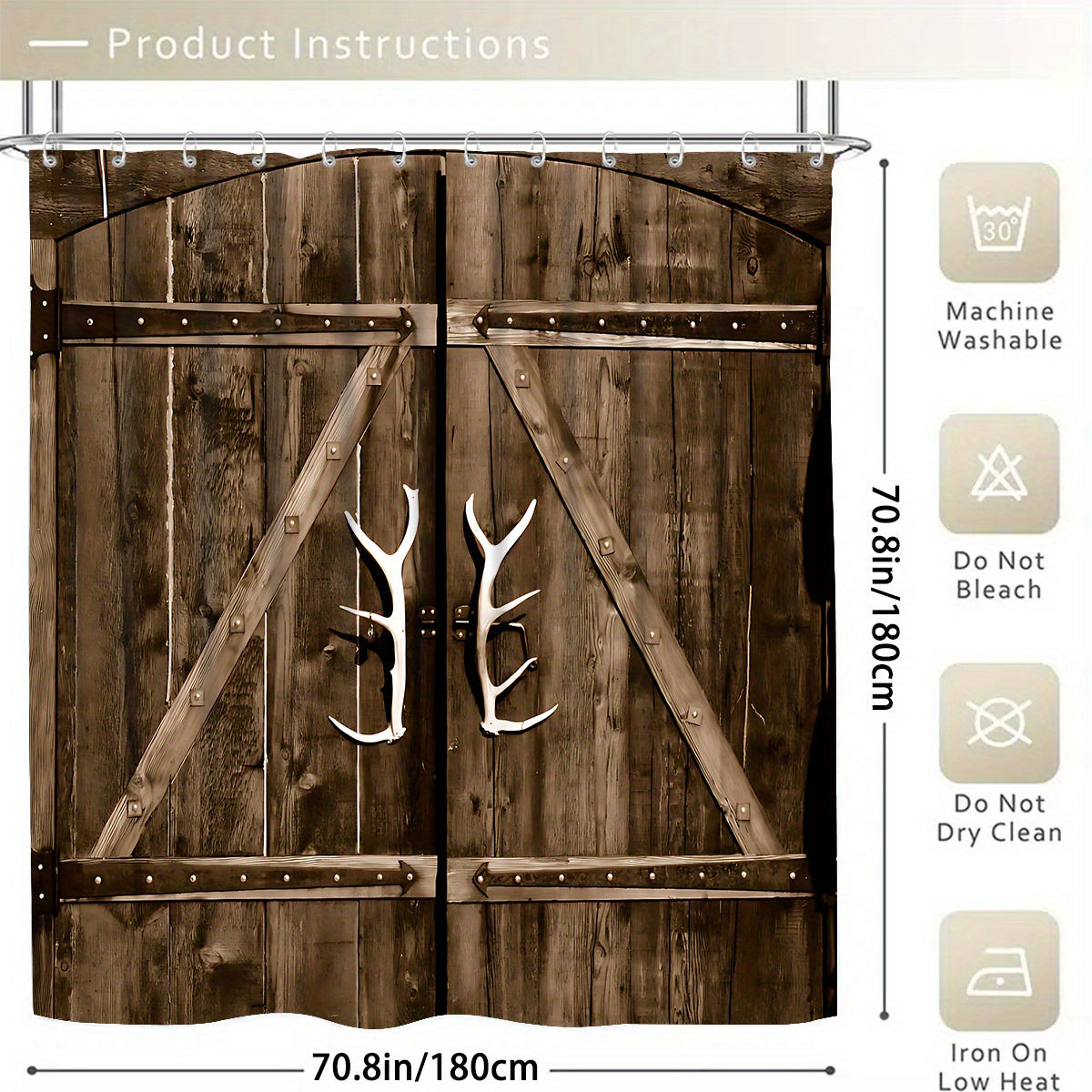 4-Piece Rustic Antler Shower Curtain Set – Wooden Door Design with Toilet Mat, Lid Cover & Rug