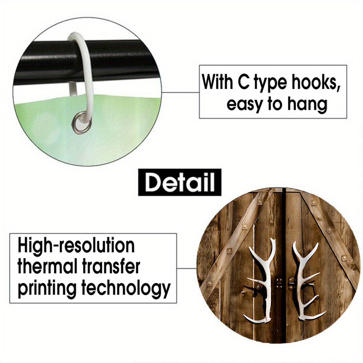 4-Piece Rustic Antler Shower Curtain Set – Wooden Door Design with Toilet Mat, Lid Cover & Rug
