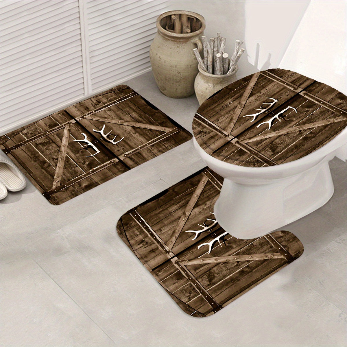 4-Piece Rustic Antler Shower Curtain Set – Wooden Door Design with Toilet Mat, Lid Cover & Rug