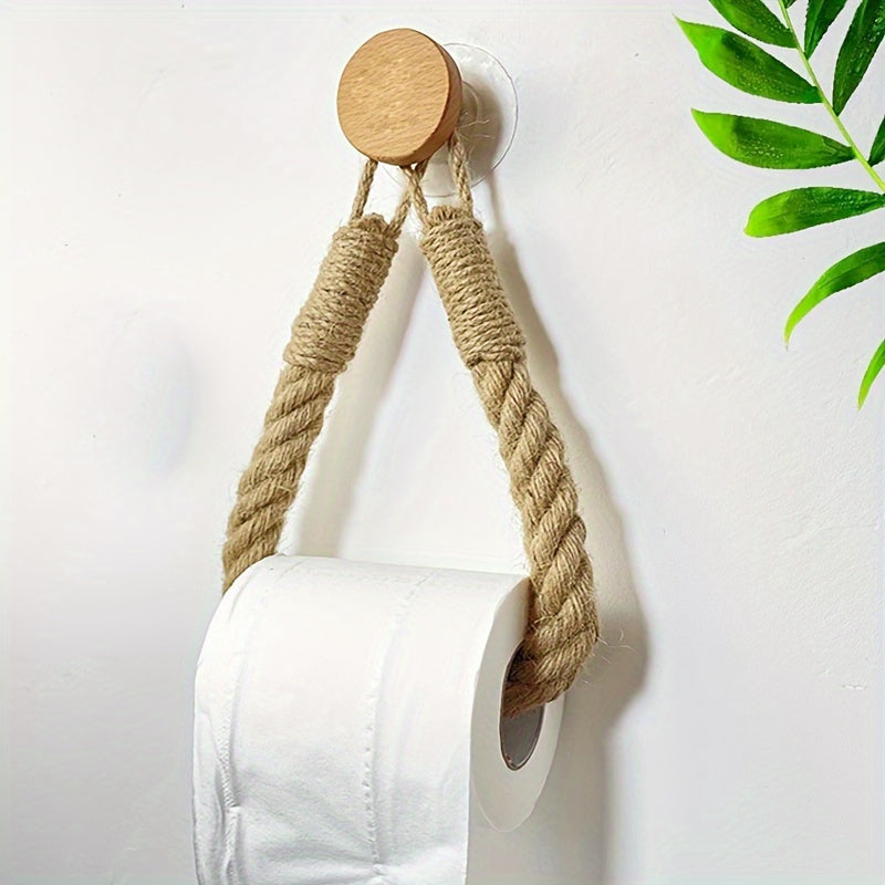 Solid Wood & Hemp Rope Woven Toilet Paper Holder
