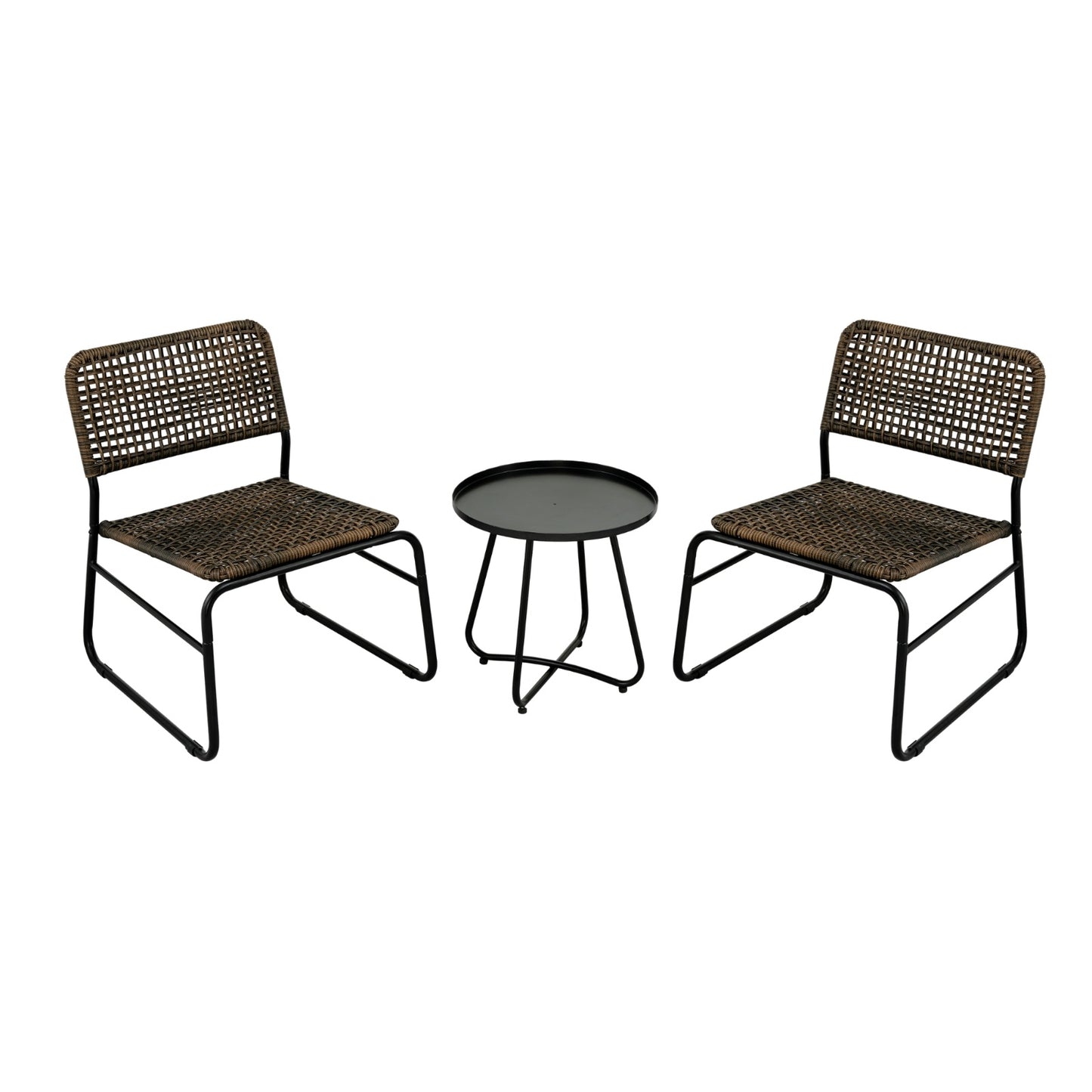 3-Piece Outdoor Patio Furniture Set – Vintage-Inspired PE Rattan Chairs & Round Table, Brown and Gray Wicker with Steel Frame
