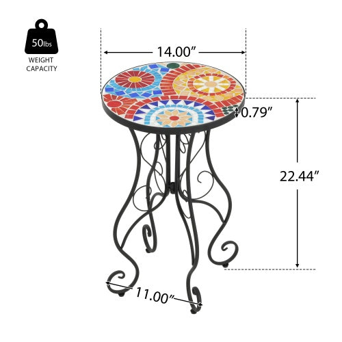 Colorful Outdoor Side Table – Ceramic Tile Top with Black Iron Frame, 14" Round Patio Accent Table
