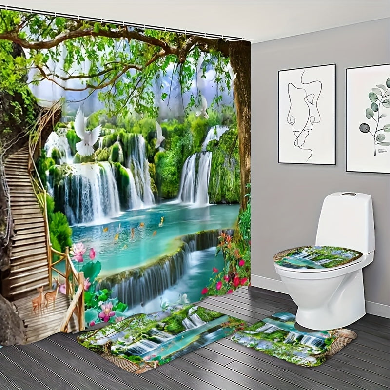 4-Piece Forest Waterfall Shower Curtain Set – Nature-Inspired Bathroom Decor with Non-Slip Mats & Lid Cover