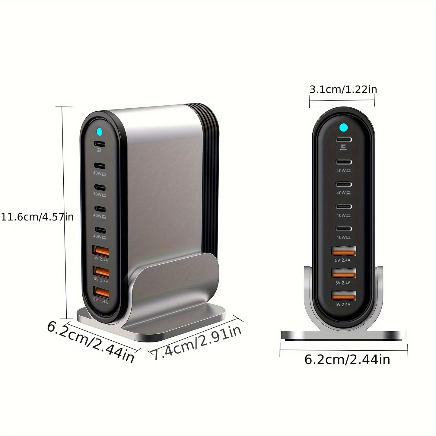 8-Port USB-C Fast Charger Adapter – Compact Foldable PD Charger with 5Ft Extension Cord for MacBook, iPad, iPhone, Galaxy, Pixel