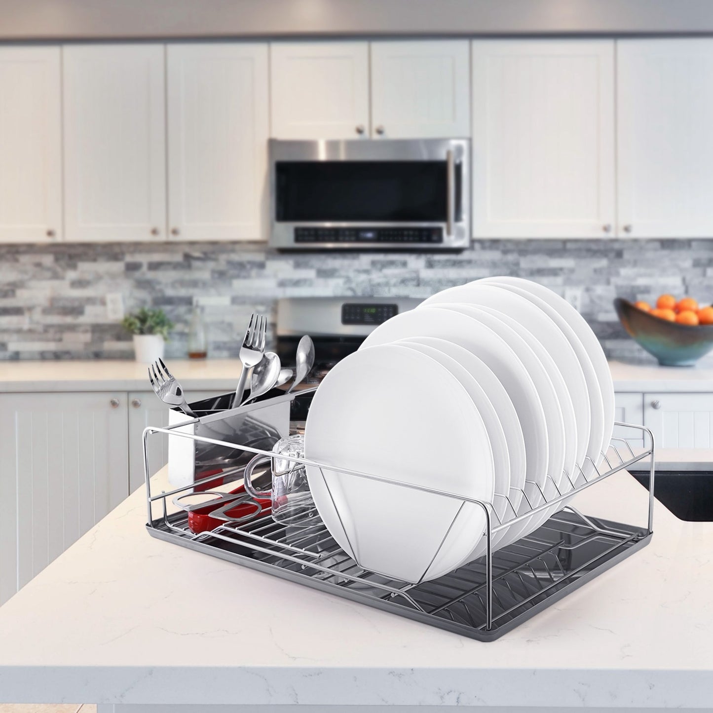 Stainless Steel Dish Drying Rack with Drainboard and Cutlery Holder – Kitchen Countertop Dish Organizer