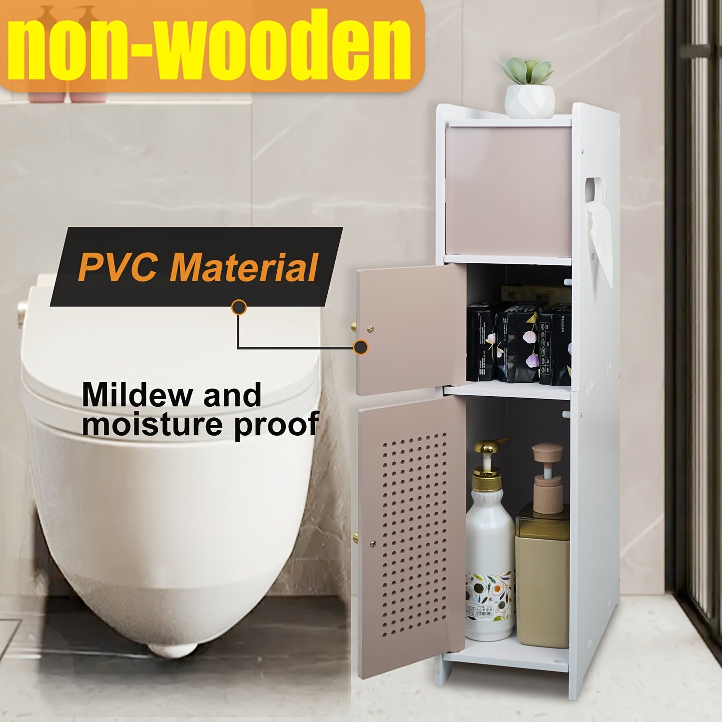 Compact Bathroom Organizer Cabinet – TuoxinEM Freestanding PVC Shelf with Tissue Box & No-Drill Mount