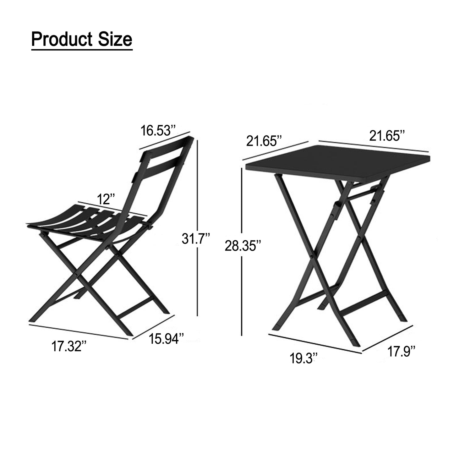 3 Piece Patio Bistro Set of Foldable Square Table and Chairs, Dark Green