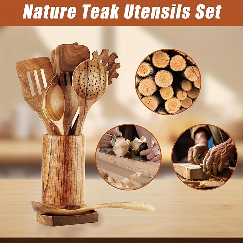 Teak Wooden Cooking Utensil Set – 8-Piece Nonstick Kitchen Tools with Spoon Rest & Hooks