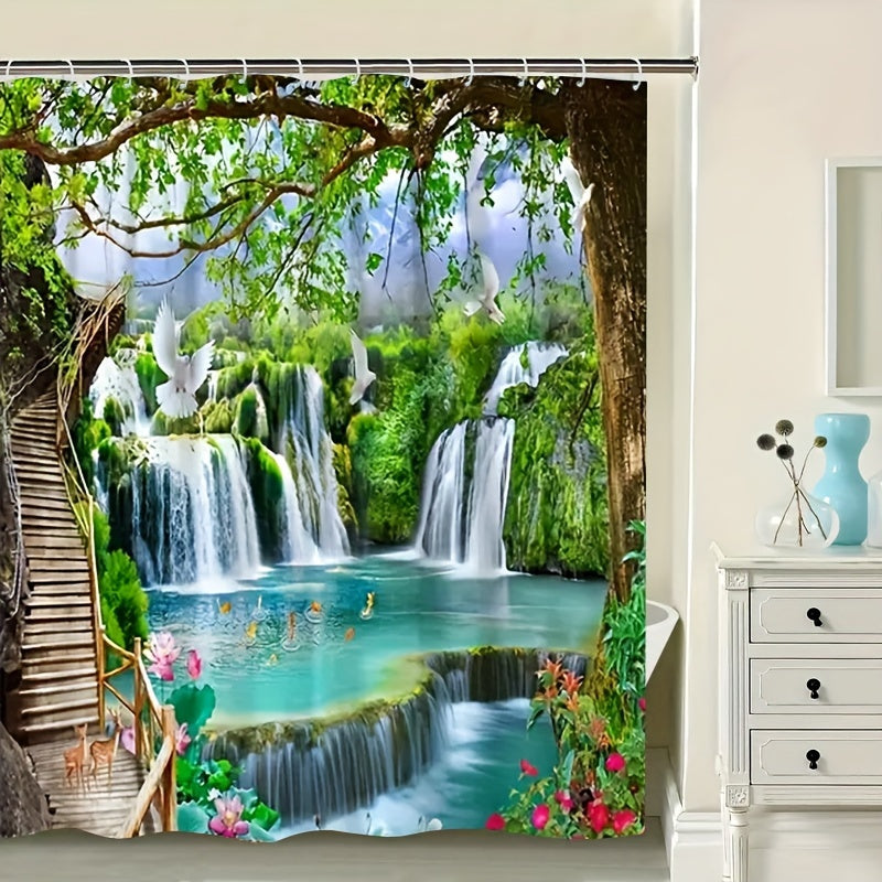 4-Piece Forest Waterfall Shower Curtain Set – Nature-Inspired Bathroom Decor with Non-Slip Mats & Lid Cover