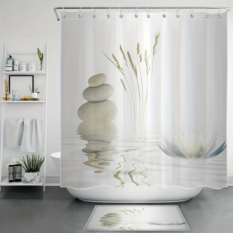 4-Piece Stone Print Shower Curtain Set – Waterproof Bathroom Set with Rugs, Toilet Lid Cover & 12 Hooks (180×180cm)