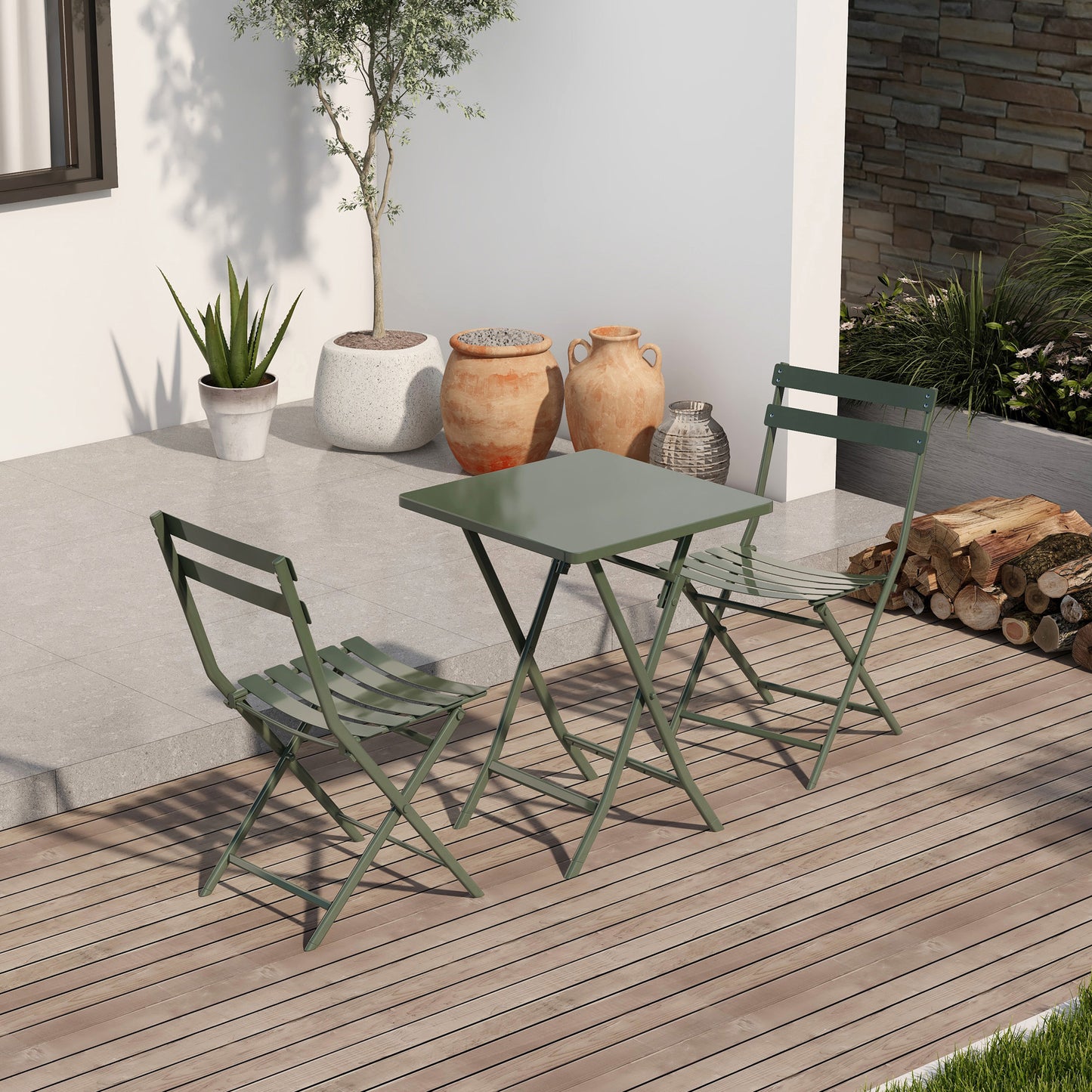 3 Piece Patio Bistro Set of Foldable Square Table and Chairs, Dark Green