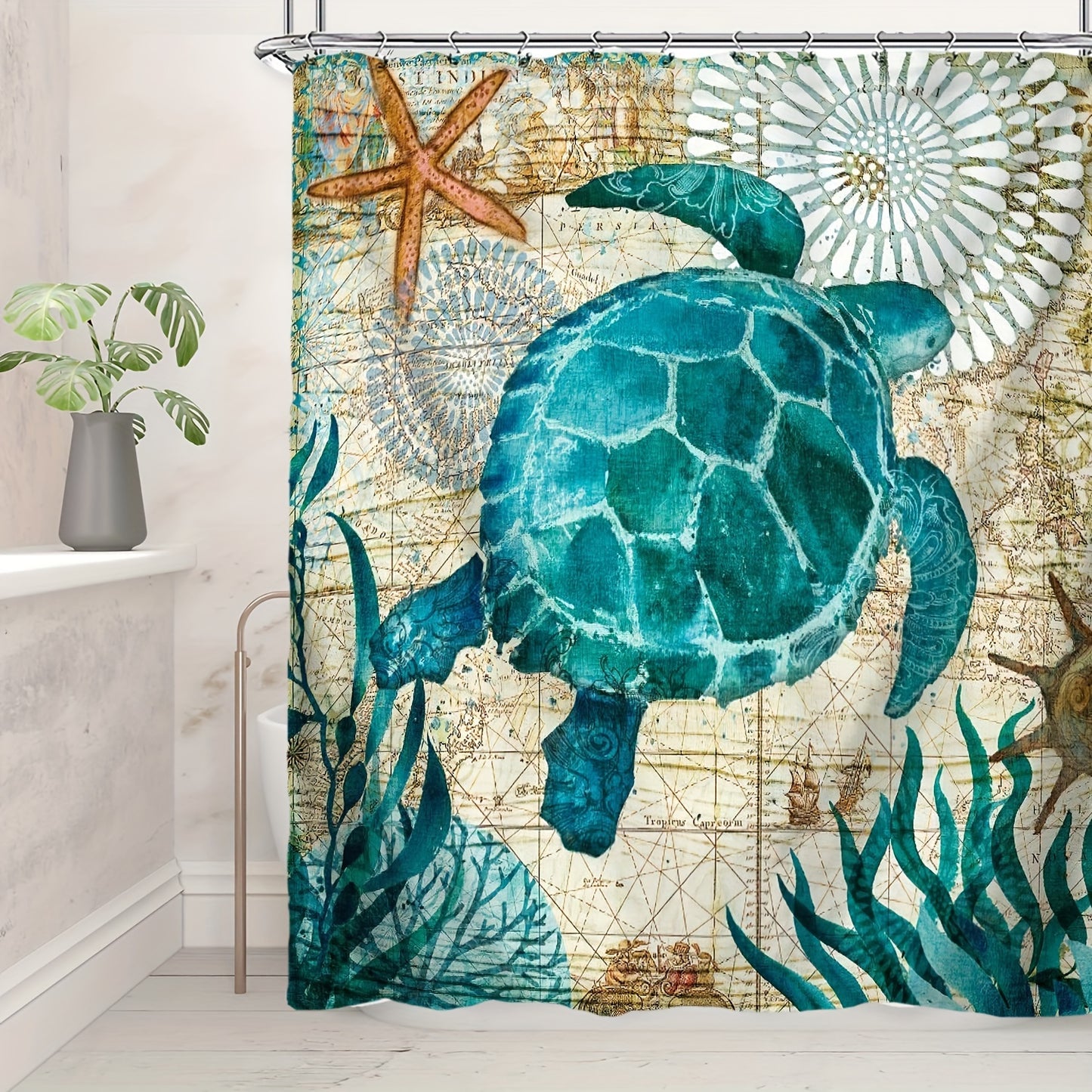 4-Piece Ocean-Inspired Shower Curtain Set – Turtle & Seaweed Design with Mats, Toilet Cover & Hooks