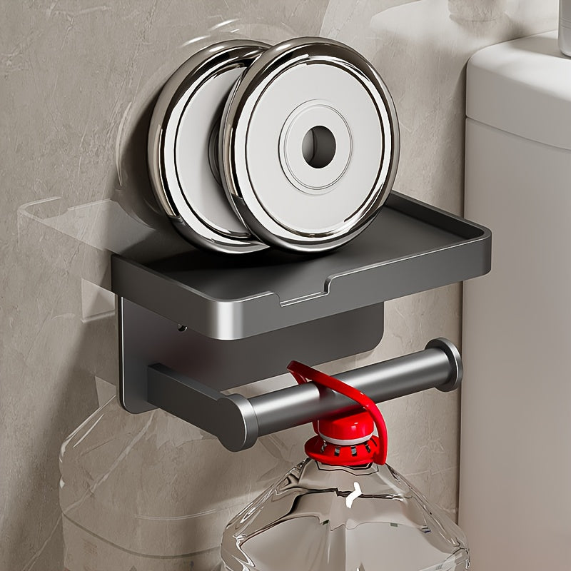 Modern Wall-Mounted Toilet Paper Holder – Black Plastic with Phone Tray, No-Drill & Easy to Install
